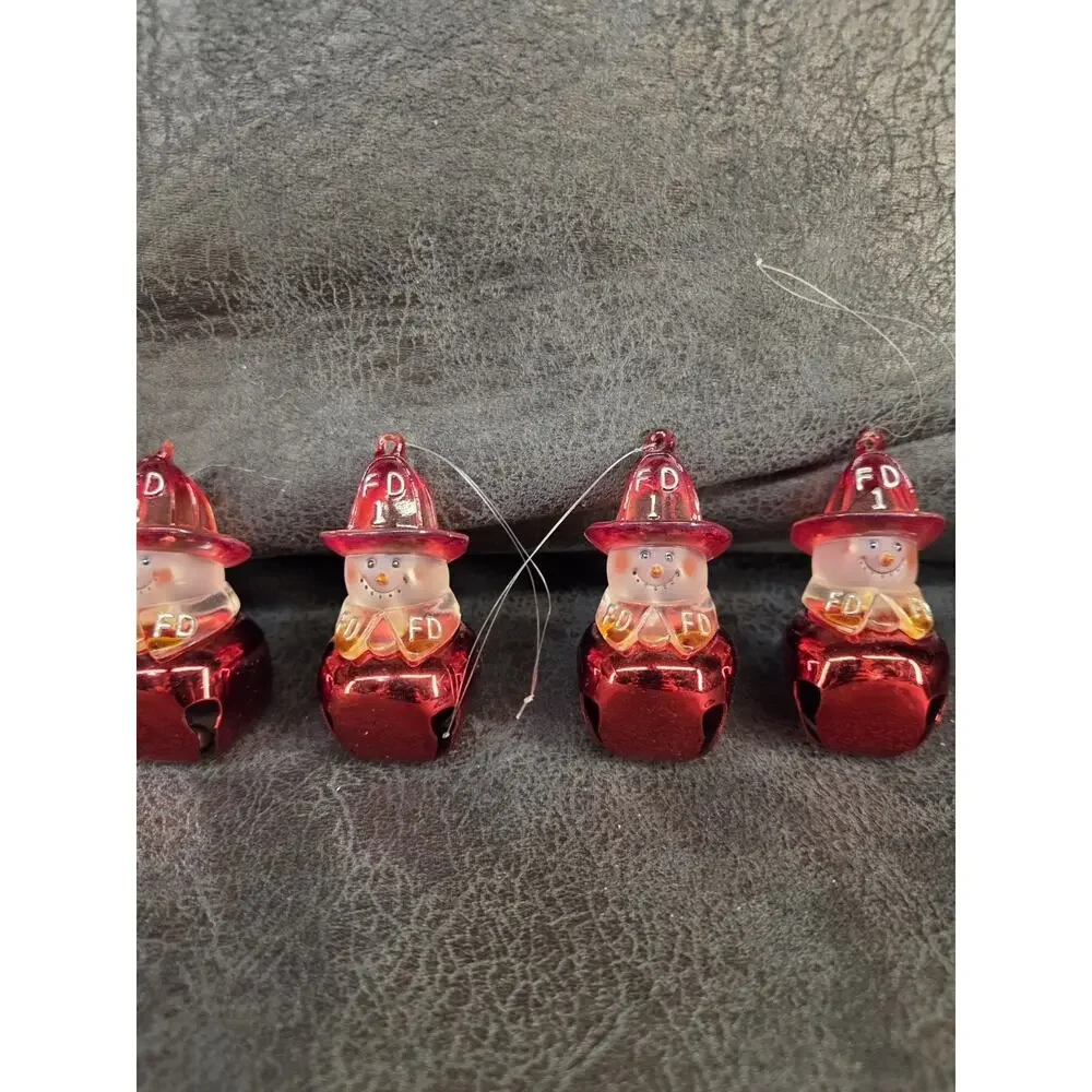 Lot of 6 Vintage Firefighter Snowman Jingle Bell Ornaments Red Metal FD 1...